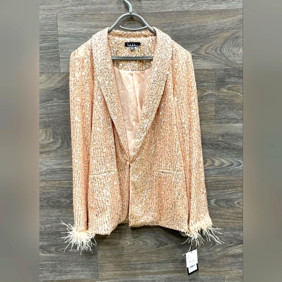 NEW Nicole Hiller Rose gold Sequin Fur Cuff Blazer Suit Jacket - Size M - Picture 1 of 4